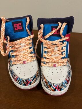 DC Multicolor High-Top Sneakers in White, Blue, Pink & Orange